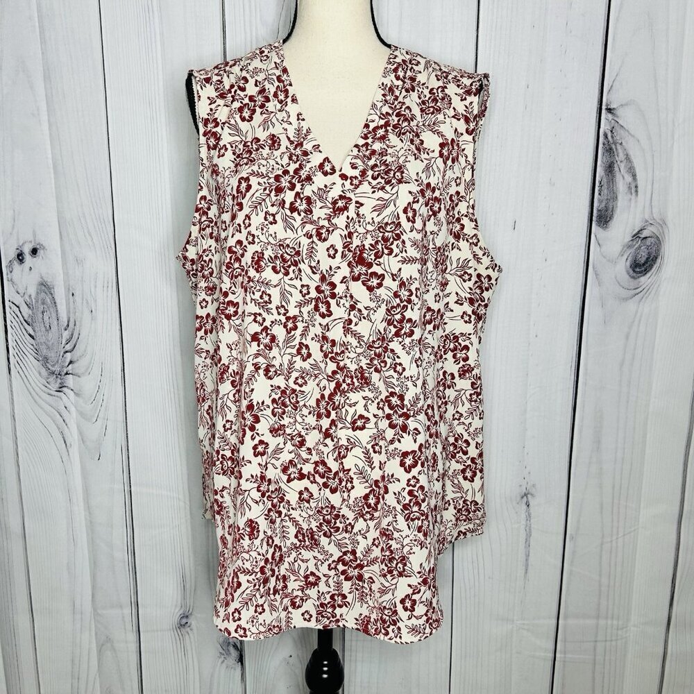 Que Zhu Womens Red Tan Sleeveless Floral Blouse Sz 2XL V-Neck Stretch